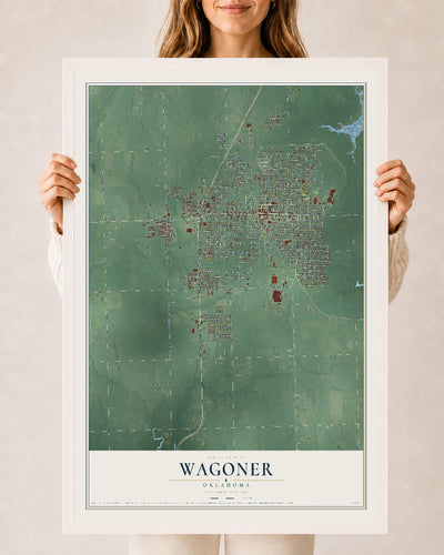 Map of Wagoner, Oklahoma, 24 x 36 inch print in a white wood frame
