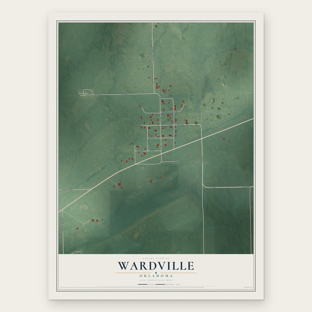 Wardville, Oklahoma map print, the full design