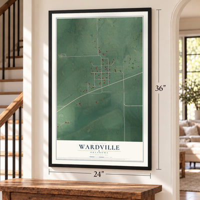 Wardville, Oklahoma map, 24 x 36 inch print in a black frame by a staircase