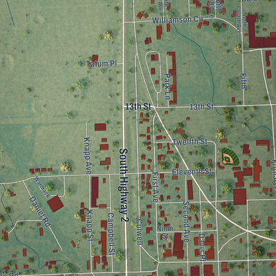 Close-up of the map of Warner, Oklahoma print showing street and building detail