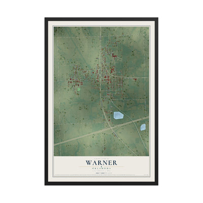 Map of Warner, Oklahoma, 12 x 18 inch print in a black wood frame