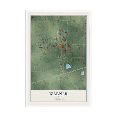 Map of Warner, Oklahoma, 12 x 18 inch print in a white wood frame