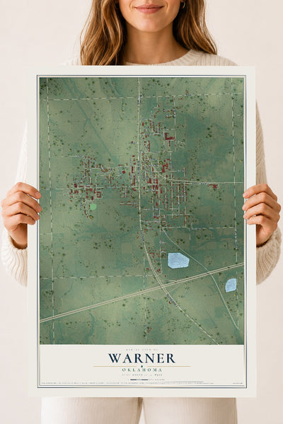 Map of Warner, Oklahoma, 18 x 24 inch unframed archival matte print