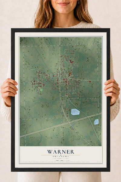 Map of Warner, Oklahoma, 18 x 24 inch print in a black wood frame