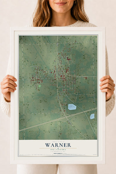 Map of Warner, Oklahoma, 18 x 24 inch print in a white wood frame