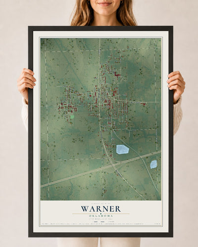 Map of Warner, Oklahoma, 24 x 36 inch print in a black wood frame