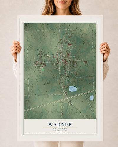 Map of Warner, Oklahoma, 24 x 36 inch print in a white wood frame
