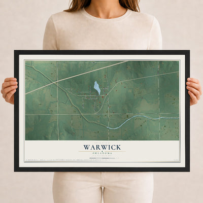 Map of Warwick, Oklahoma, 12 x 18 inch print in a black wood frame