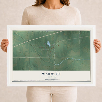 Map of Warwick, Oklahoma, 12 x 18 inch print in a white wood frame