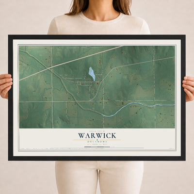 Map of Warwick, Oklahoma, 18 x 24 inch print in a black wood frame