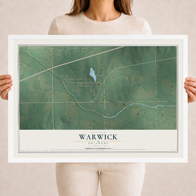 Map of Warwick, Oklahoma, 18 x 24 inch print in a white wood frame