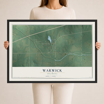 Map of Warwick, Oklahoma, 24 x 36 inch print in a black wood frame