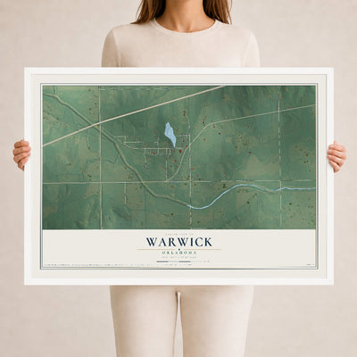 Map of Warwick, Oklahoma, 24 x 36 inch print in a white wood frame