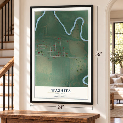 Washita, Oklahoma map, 24 x 36 inch print in a black frame by a staircase
