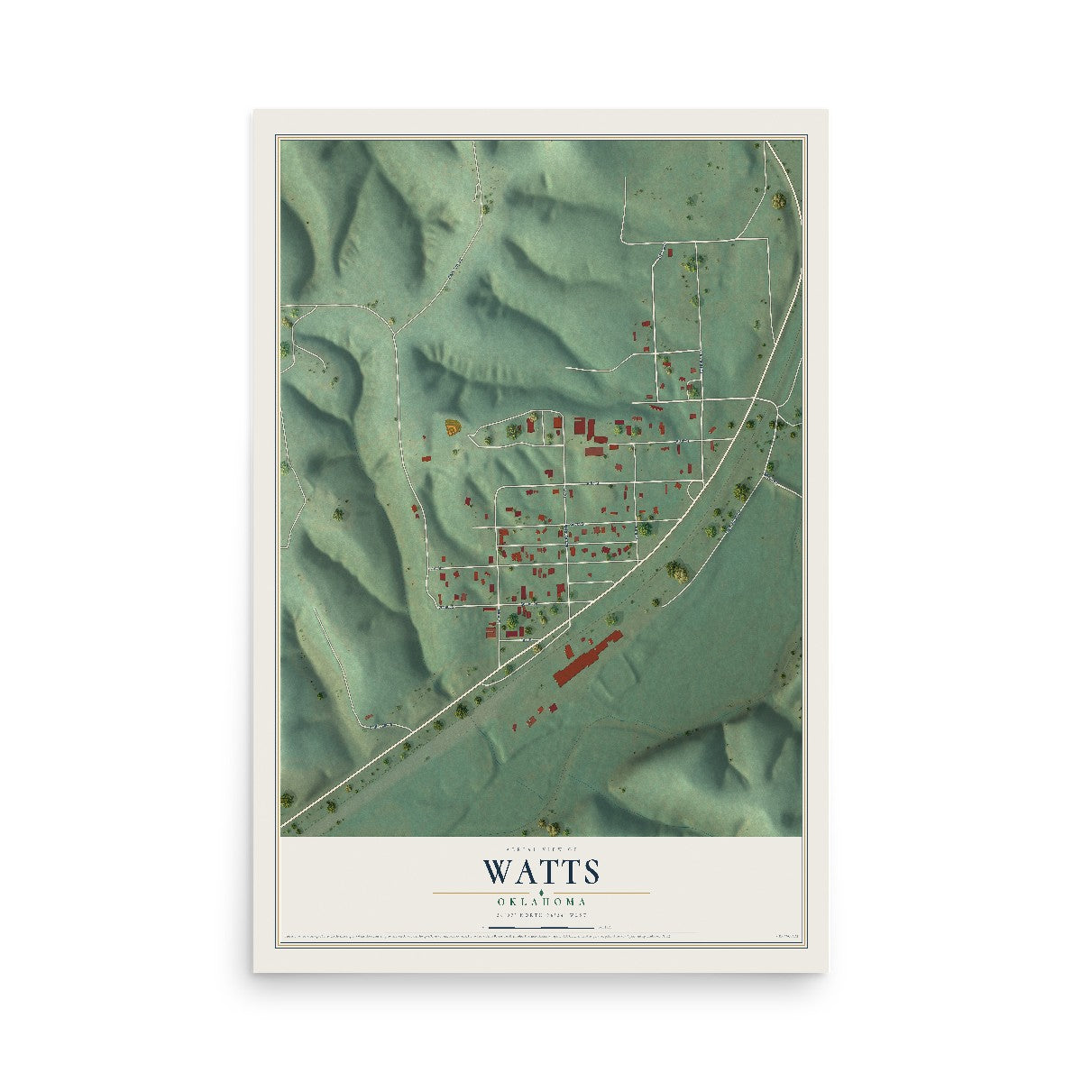 Map of Watts, Oklahoma, 12 x 18 inch unframed archival matte print