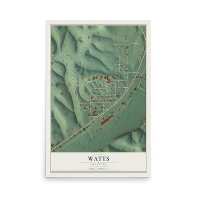 Map of Watts, Oklahoma, 12 x 18 inch unframed archival matte print