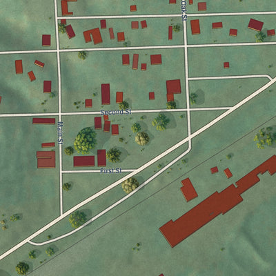 Close-up of the map of Watts, Oklahoma print showing street and building detail