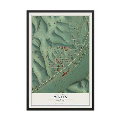 Map of Watts, Oklahoma, 12 x 18 inch print in a black wood frame