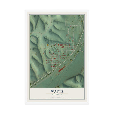 Map of Watts, Oklahoma, 12 x 18 inch print in a white wood frame