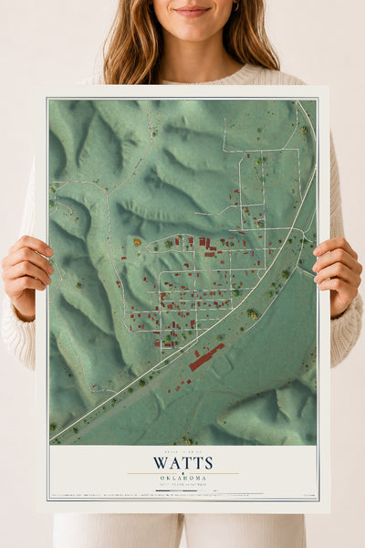 Map of Watts, Oklahoma, 18 x 24 inch unframed archival matte print