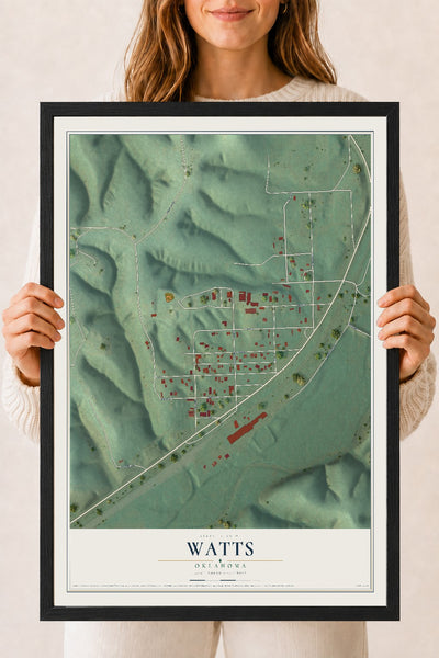 Map of Watts, Oklahoma, 18 x 24 inch print in a black wood frame