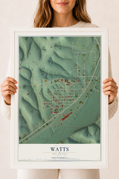 Map of Watts, Oklahoma, 18 x 24 inch print in a white wood frame