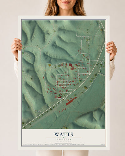 Map of Watts, Oklahoma, 24 x 36 inch unframed archival matte print