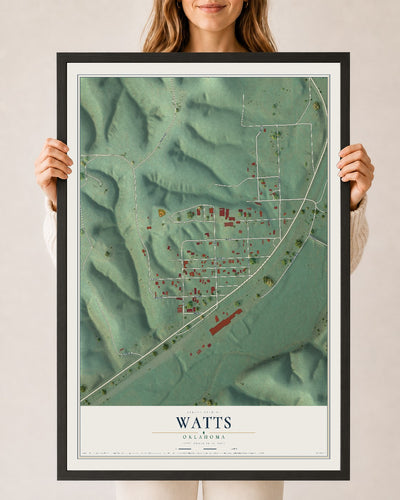 Map of Watts, Oklahoma, 24 x 36 inch print in a black wood frame