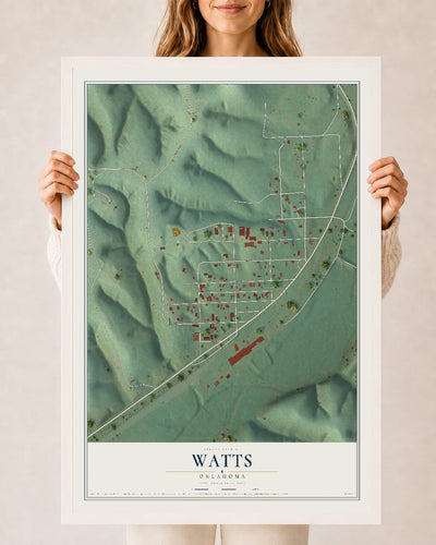 Map of Watts, Oklahoma, 24 x 36 inch print in a white wood frame
