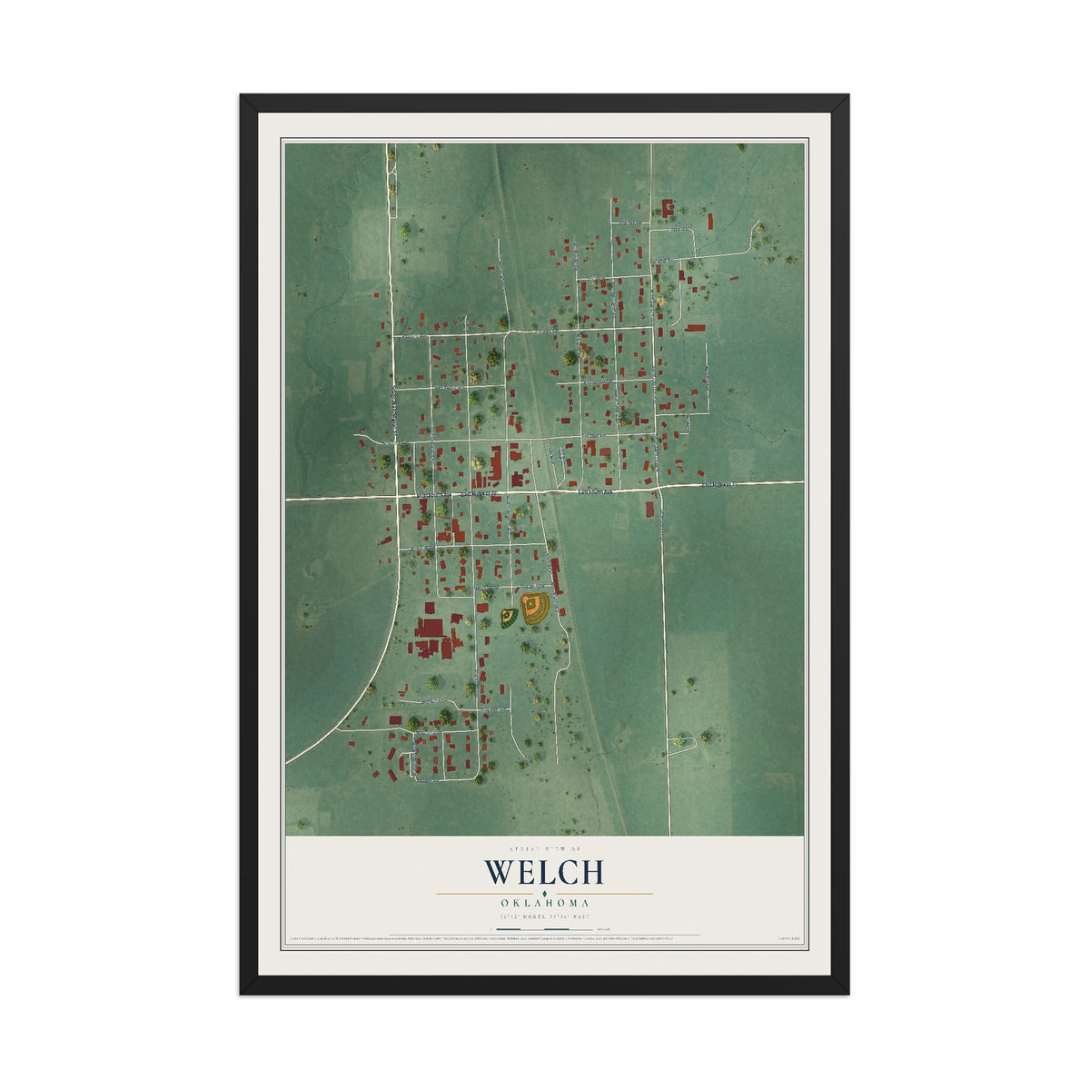 Map of Welch, Oklahoma, 12 x 18 inch print in a black wood frame