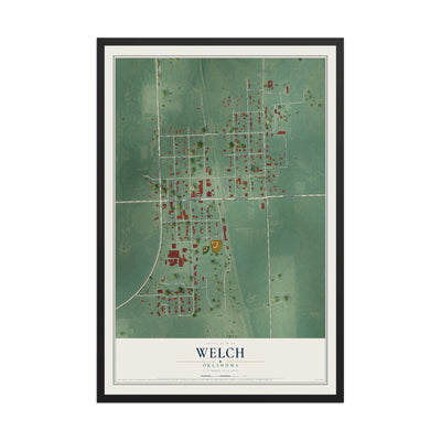 Map of Welch, Oklahoma, 12 x 18 inch print in a black wood frame