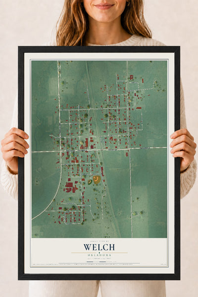 Map of Welch, Oklahoma, 18 x 24 inch print in a black wood frame