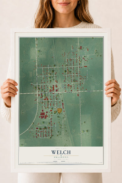 Map of Welch, Oklahoma, 18 x 24 inch print in a white wood frame