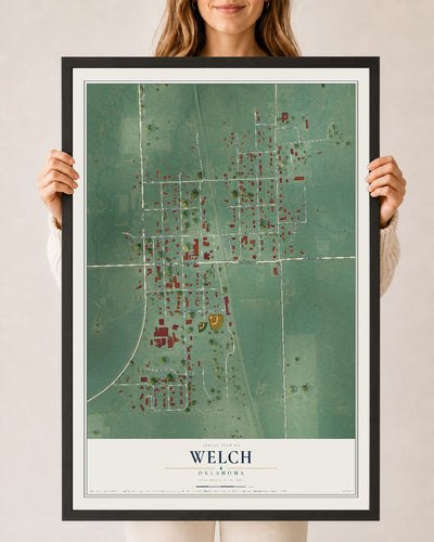 Map of Welch, Oklahoma, 24 x 36 inch print in a black wood frame
