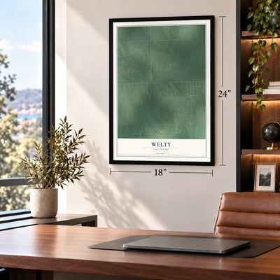 Welty, Oklahoma map, 18 x 24 inch print in a black frame in a home office