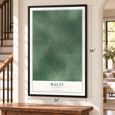 Welty, Oklahoma map, 24 x 36 inch print in a black frame by a staircase