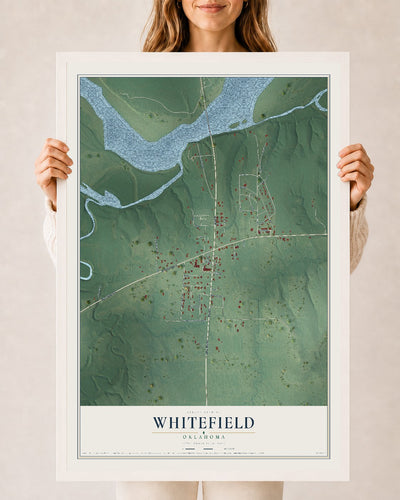 Map of Whitefield, Oklahoma, 24 x 36 inch print in a white wood frame