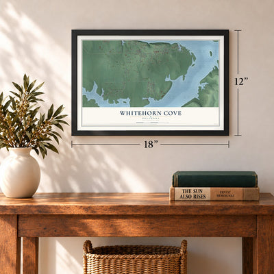 Whitehorn Cove, Oklahoma map, 12 x 18 inch print in a black frame in an entryway