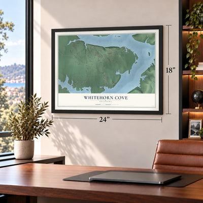 Whitehorn Cove, Oklahoma map, 18 x 24 inch print in a black frame in a home office