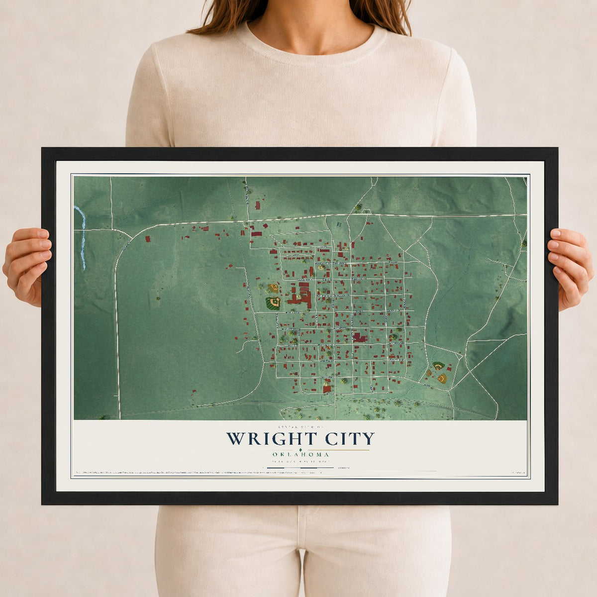 Map of Wright City, Oklahoma, 12 x 18 inch print in a black wood frame