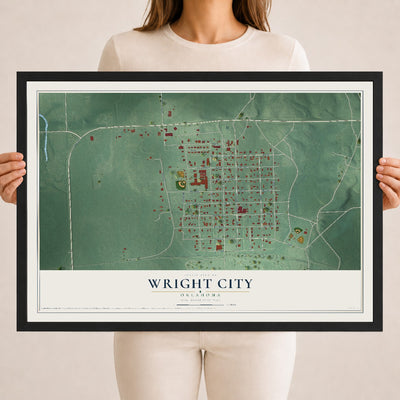 Map of Wright City, Oklahoma, 18 x 24 inch print in a black wood frame