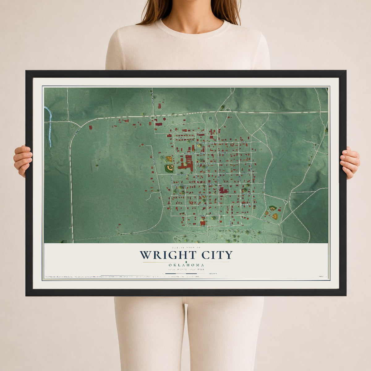Map of Wright City, Oklahoma, 24 x 36 inch print in a black wood frame