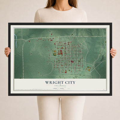 Map of Wright City, Oklahoma, 24 x 36 inch print in a black wood frame