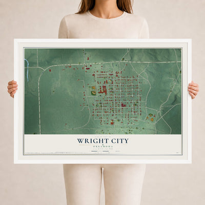 Map of Wright City, Oklahoma, 24 x 36 inch print in a white wood frame