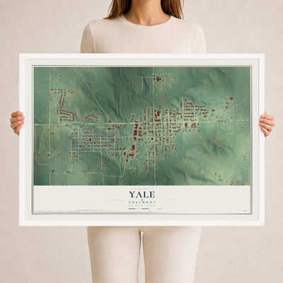 Map of Yale, Oklahoma, 24 x 36 inch print in a white wood frame