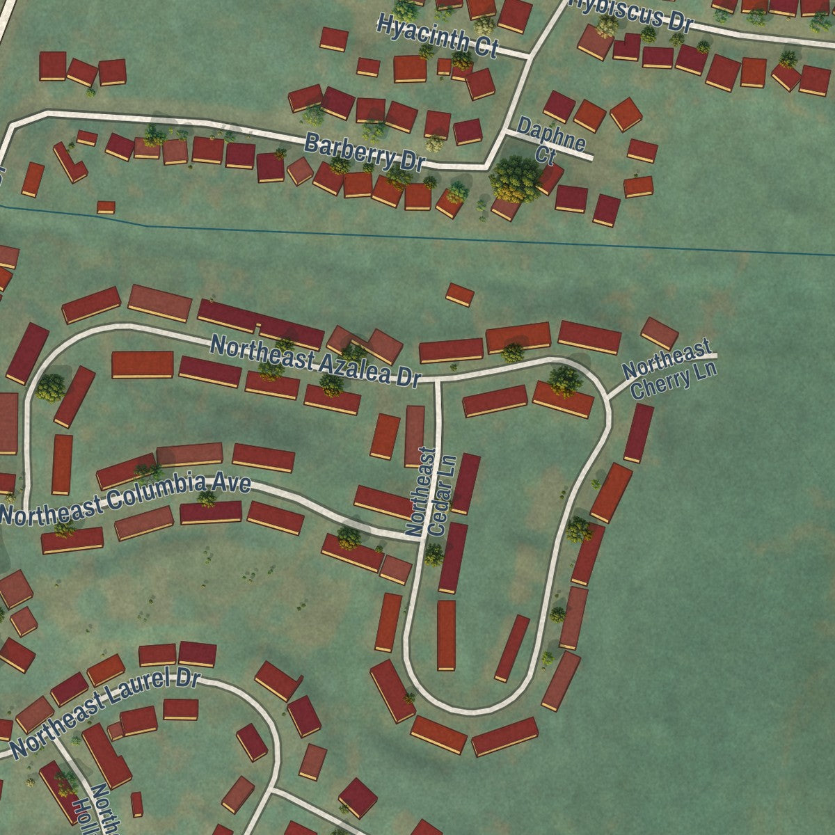 Second close-up of the map of Adair Village, Oregon print showing more streets and buildings
