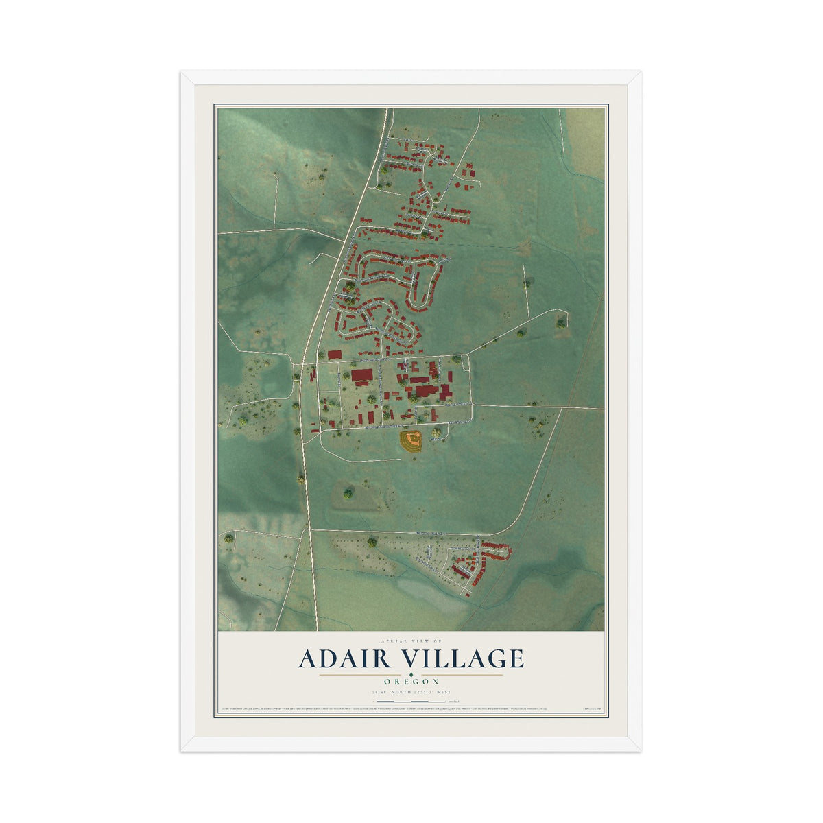 Map of Adair Village, Oregon, 12 x 18 inch print in a white wood frame