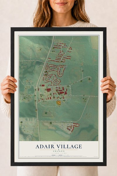 Map of Adair Village, Oregon, 18 x 24 inch print in a black wood frame