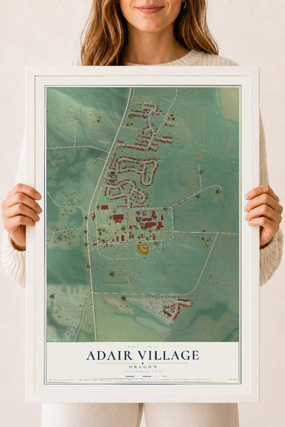 Map of Adair Village, Oregon, 18 x 24 inch print in a white wood frame