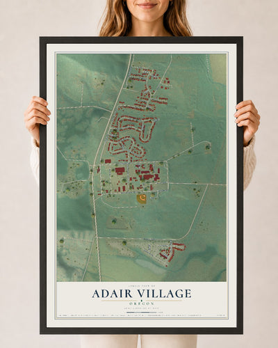 Map of Adair Village, Oregon, 24 x 36 inch print in a black wood frame